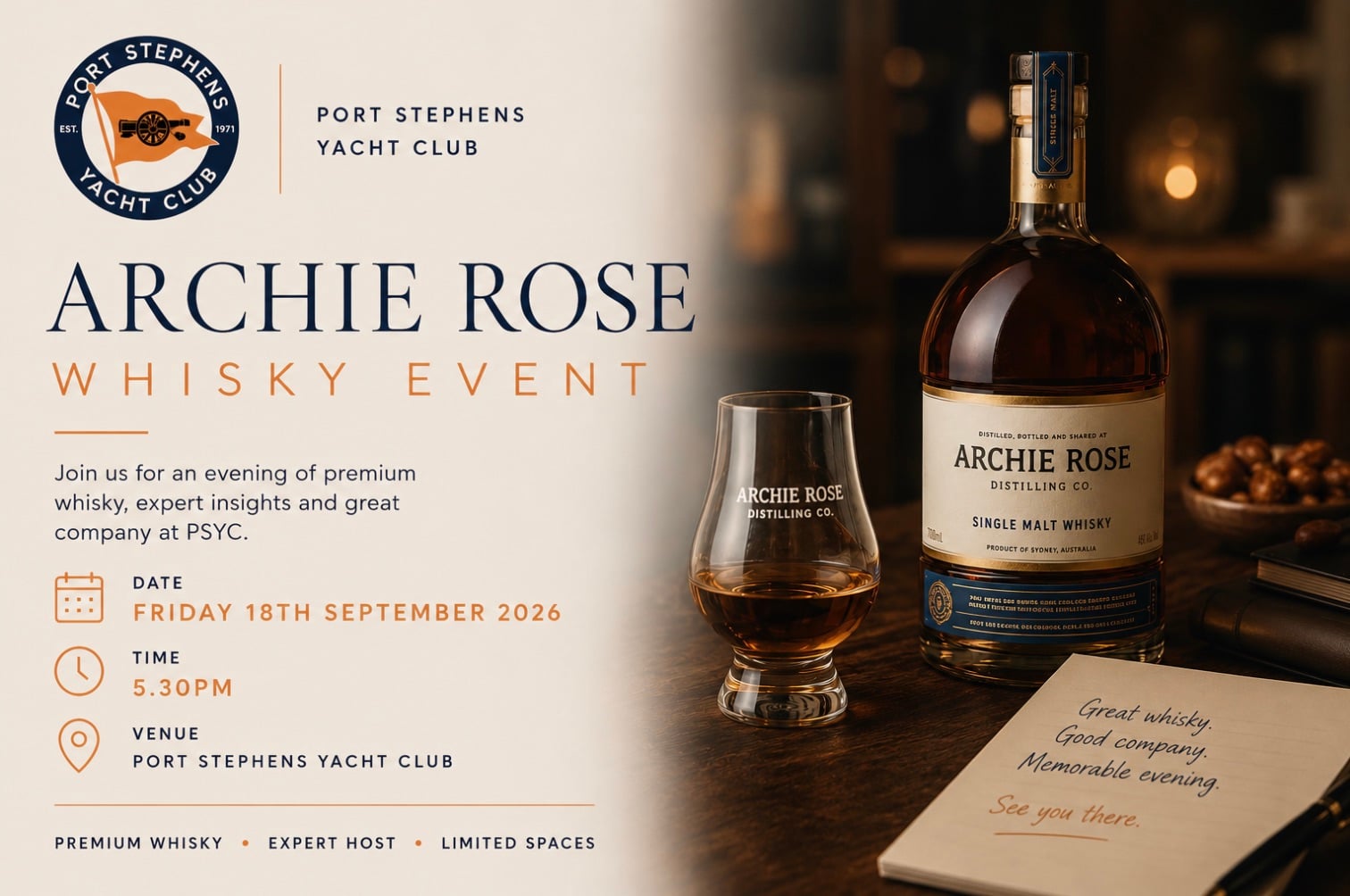 Archie Rose Port Stephens Yacht Club Whisky Event